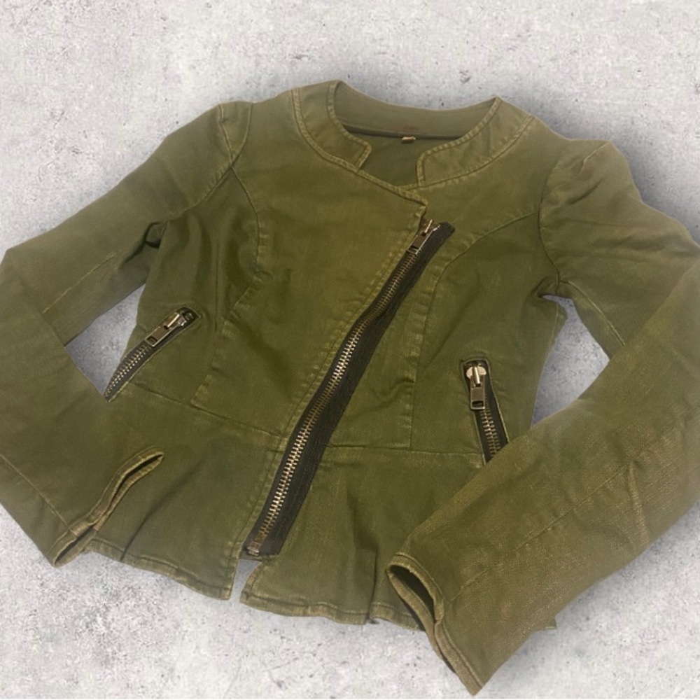 Free People Asymmetrical Green Moto Military Jacket size 4